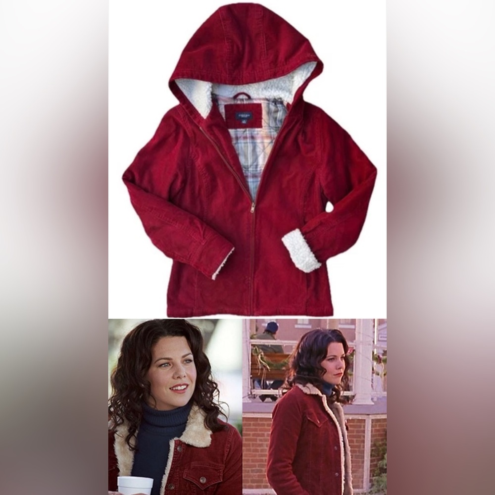 Dark Red Corduroy White Sherpa Lined Gilmore Girls Inspired Zipper Jacket Sz M